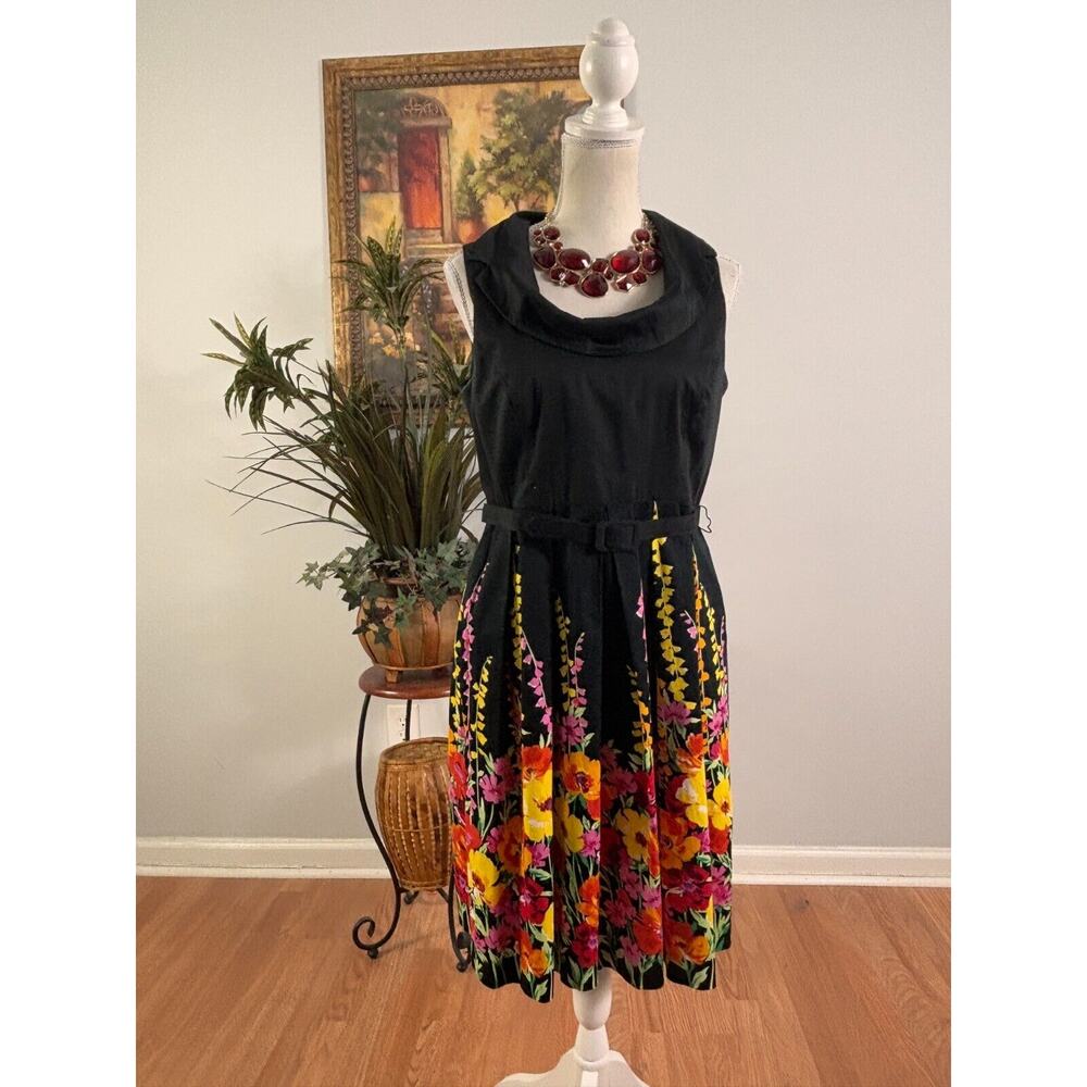 Spense Fit & Flare Dress Womens 6 Black Floral Print Belted Sleeveless Back Zip‎